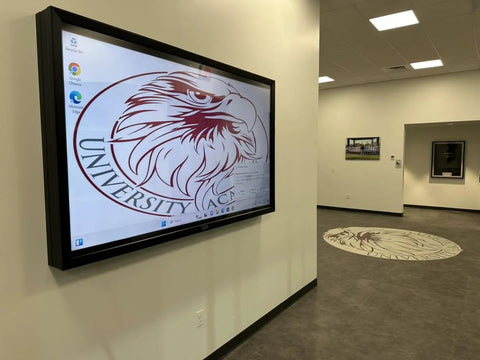 Indoor TV Enclosure For 42 To 50 Inch Screens Built Like A Tank With Shatterproof Front Panel mounted on wall in hallway