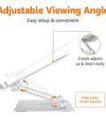 Side view of Sturdy Portable Ergonomic Laptop Stand For Desk With Height Adjustable Riser And Ventilated Cooling Foldable Frame Fits Most Laptops Up To 15 Inches Silver showing adjustable viewing angle.