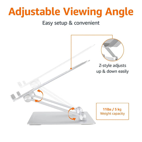 Side view of Sturdy Portable Ergonomic Laptop Stand For Desk With Height Adjustable Riser And Ventilated Cooling Foldable Frame Fits Most Laptops Up To 15 Inches Silver showing adjustable viewing angle.