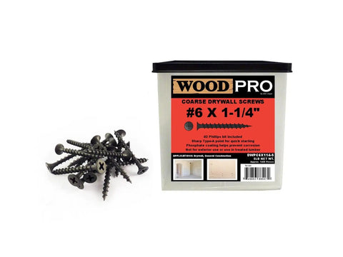 Coarse No 2 Phillips Drywall Screws 6 X 1-1/4 Inch Black Coated, 1420-Piece in pack with scattered screws for heavy-duty installations.