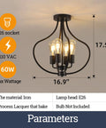 Go-To Four Light Farmhouse Semi Flush Ceiling Light In Black, showcasing iron frame and bulb details; dimensions 17.5" x 16.9"