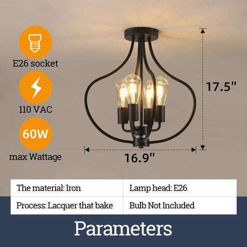 Go-To Four Light Farmhouse Semi Flush Ceiling Light In Black, showcasing iron frame and bulb details; dimensions 17.5" x 16.9"