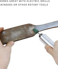 Using 20 Pcs 8mm Rubber Polishing Burr Point Bits for rotary tools to smooth a metal surface with a 1/8 inch shank.