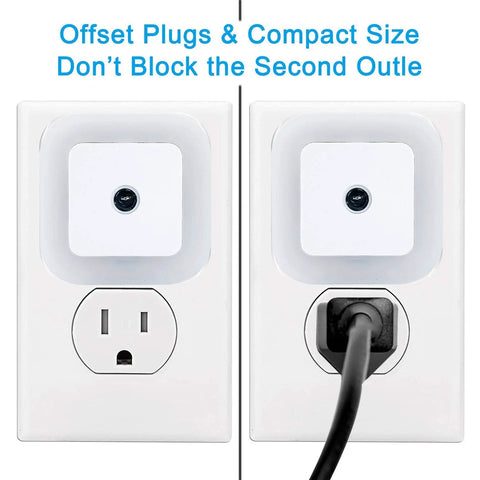 LED Night Light With Smart Sensor Dusk To Dawn Plug In 0.5W Daylight White 6 Pack showing offset plugs in outlet