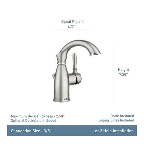 Sarona Spot Resist Brushed Nickel One Handle Bathroom Sink Faucet With Single Hole Design, dimensions and optional deck plate shown.