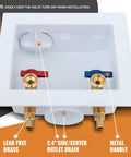 Crimp PEX Washing Machine Outlet Box With Center Drain, 1/2 Inch PEX Inlet To 3/4 Inch MHT Outlet, showing valves and drain
