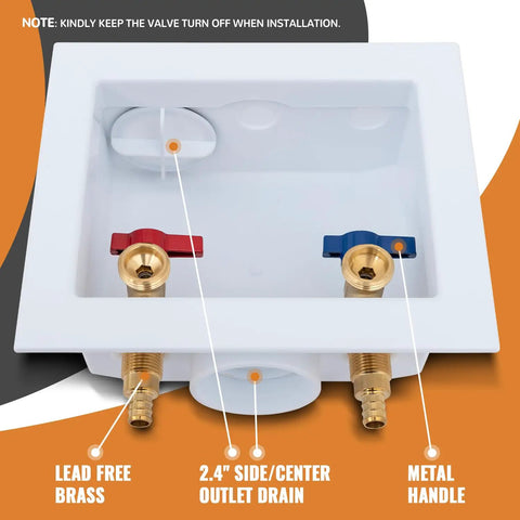 Crimp PEX Washing Machine Outlet Box With Center Drain, 1/2 Inch PEX Inlet To 3/4 Inch MHT Outlet, showing valves and drain