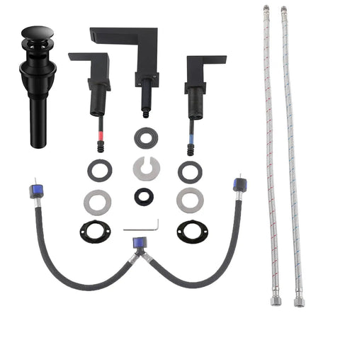 Components of Brushed Nickel 3 Hole Bathroom Faucet With Two Handles 8 Inch Modern Vanity Sink Fixture with hardware.