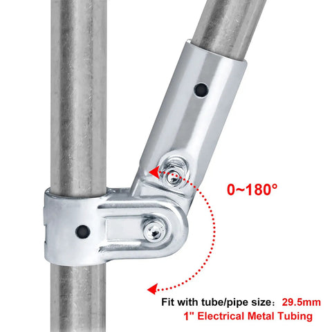Adjustable Angle Pipe Clamp Connectors For One Inch EMT, Four Pack With Bolts And Nuts, showing angle range on steel tubing