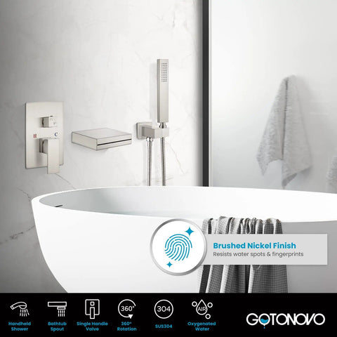 Brushed Nickel Waterfall Bathtub Faucet With Wall Mounted Hand Held Shower Rough In Valve Solid Brass Tub Filler