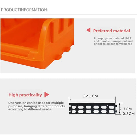 Wall Mounted Hardware Storage Bins Set With 8 Stackable Bins And 3 Tracks For Garage Organization, close-up on orange bin material.