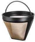 Gold Tone Permanent Coffee Filter For 12 Cup Coffee Makers Including Krups Savoy Braun DeLonghi Easy Clean Detachable Handle Durable Replacement That Delivers Full Bodied Flavor Everyday, showing side view.