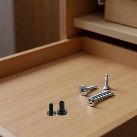 Close-up of 40 Sets Furniture Connector Bolts with M3 hex socket screws and barrel nuts for knock down fasteners on wooden surface