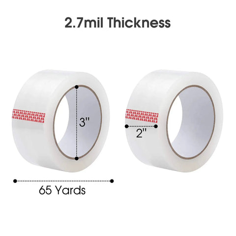 Image showing Heavy Duty Clear Packing Tape For Moving And Shipping Extra Sticky OPP Adhesive 2 Inch Wide 2.7 Mil 65 Yards Per Roll Pack Of 6 with dimensions.