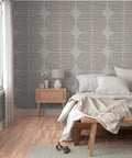 Fresh Geometric Stripe Vinyl Wall Covering With Slick Matte Linen Texture showcased in a cozy bedroom with neutral tones.