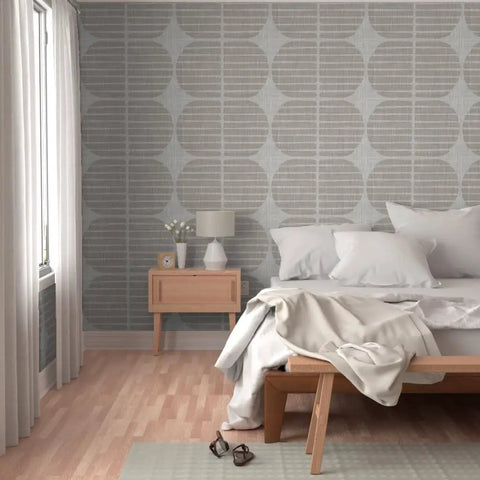 Fresh Geometric Stripe Vinyl Wall Covering With Slick Matte Linen Texture showcased in a cozy bedroom with neutral tones.
