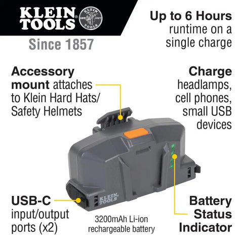 Power Packed 3200 mAh USB C Portable Battery For Hard Hat Cooling Fans And USB Devices showing ports and attachment mount