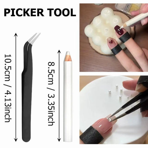 DIY Mani Pros Will Love Mixed Sizes Nail Beads Kit With Magnetic Pen And Tweezers For Nail Art tools shown with use examples