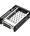 Dual Bay 2.5 Inch SATA III HDD SSD Tray Caddy Internal Mobile Rack Enclosure with black metal casing and perforated design.