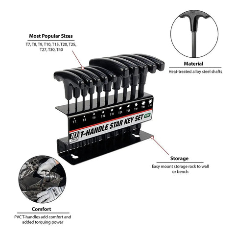 Cool Star Shaped T Handle Hex Key Tool Set For Metric And Imperial Sizes Perfect For Vehicle Maintenance Or DIY House Repairs With Strong Grip To Loosen Tight Fasteners Easily Without Breaking A Sweat. 10-piece T-handle star key set on rack, heat-treated alloy steel