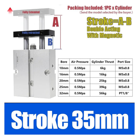 Tough Dual Rod Pneumatic Air Cylinder With Guided Double Acting Piston And Snappy 35 Millimeter Stroke Plus 10 To 32 Mm Bore Options For Hassle Free Industrial Repairs, showing stroke measurement.