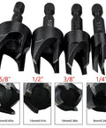 Heavy Duty Wood Plug Cutter Drill Bit Set Featuring Straight And Tapered Profiles In Four Classic Sizes, black oxide, 5/8 to 1/4 inches.