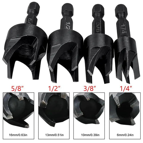 Heavy Duty Wood Plug Cutter Drill Bit Set Featuring Straight And Tapered Profiles In Four Classic Sizes, black oxide, 5/8 to 1/4 inches.