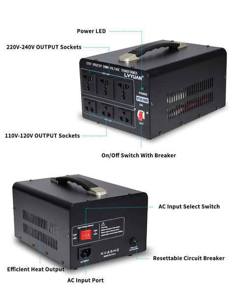 5000 Watt Voltage Converter Transformer displaying 110V-240V sockets, on/off switch, resettable circuit breaker, and handle.