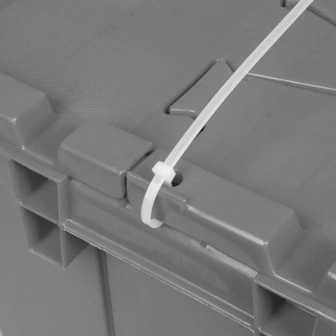 Close-up of Heavy Duty Industrial Plastic Stackable Tote With Hinged Attached Lid In Green For Shipping Sorting Hauling And Storage