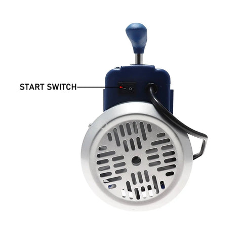 Heavy Duty Single Stage Vacuum Pump For Hvac Service Featuring Hella Fast Flow Rates And Gas Ballast Valve To Cut Condensation close-up showing start switch and design.