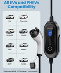 Image of Badass Range Ready Portable EV Charger With Adjustable 16A Current 21 Ft J1772 Cable showing compatibility with various EVs.