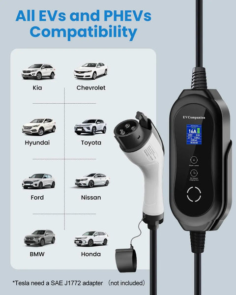 Image of Badass Range Ready Portable EV Charger With Adjustable 16A Current 21 Ft J1772 Cable showing compatibility with various EVs.