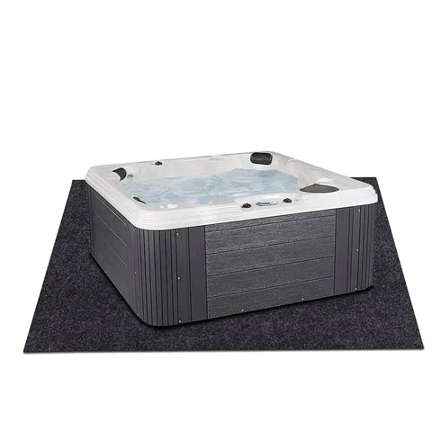 Beefy Oversized Hot Tub Mat For Spas Large 90.6 Inches By 78.7 Inches Felt Top With PVC Backing under a hot tub on a deck.