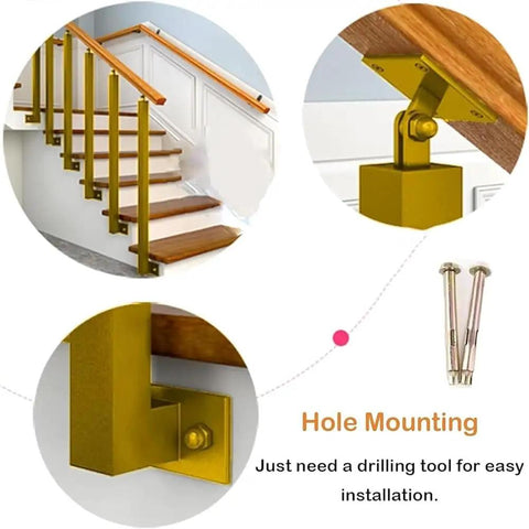 Heavy Duty Wrought Iron Banister Guardrail Spindle Post With 270 Degree Adjustable Flat Brackets Side Mount Railing Column Kit For Porch Deck Steps Stairs Handrail Powder Coated Scratch Resistant Gold 95 Cm with mounting detail.