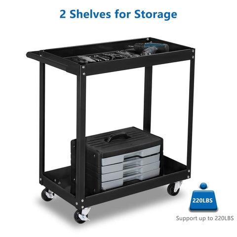 Heavy Duty Two Tier Rolling Tool Cart With Dual Brakes Built Tough Solid Steel Commercial Utility Organizer That Rolls Smooth For Garage And Auto Shop 250 Lb Capacity