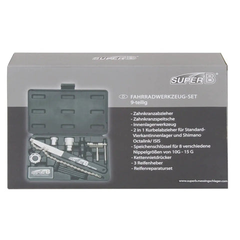 Package of Bike Tool Kit On The Go With Essential 8 To 10 Piece Set including freewheel remover and chain whip in grey case.