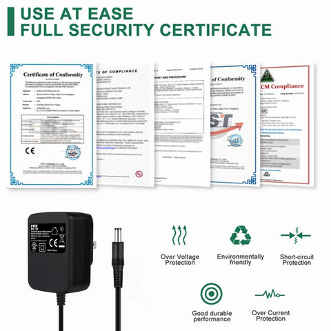 Reliable 9V AC Adapter Replacement For Alesis Command Mesh Kit with safety certifications and icons