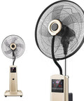 Beat The Summer Heat With This 18 Inch Industrial Grade Misting Floor Fan featuring a gold-painted body and digital controls.