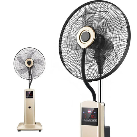 Beat The Summer Heat With This 18 Inch Industrial Grade Misting Floor Fan featuring a gold-painted body and digital controls.