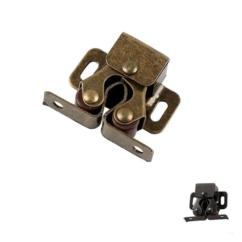 Sturdy 15 Piece Double Roller Cabinet Latch Kit With Integrated Screws For Easy Automatic Cupboard And Drawer Door Latching Secure Fitting For Kitchen Cabinets And Storage Units In Cool Modern Style  close up view of bronze latch with rollers.