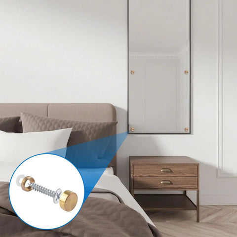 Top Shelf Real Deal Copper Mirror Screws, Brushed Gold Decorative Caps For Bathroom Mirrors And Glass Tables, 20 Pack Easy Setup Furniture Hardware To Keep Everything Locked Down Tight in a modern bedroom setting.
