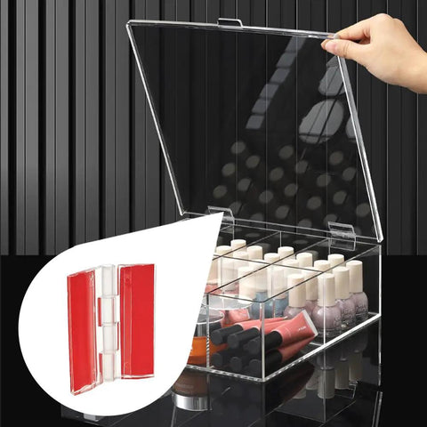 16 Pack Clear Self Adhesive Plastic Hinges With Heavy Duty Grip For Seamless Plexiglass And Acrylic Projects Featuring Easy Peasy Install and Slick Folding Action Perfect For Aquarium Lids Cabinet Makeovers And Furniture Tweaks shown on a transparent nail polish organizer.