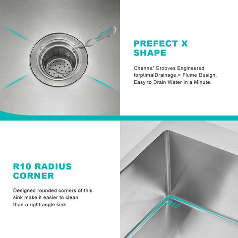 20 Inch Drop In Kitchen Sink In Stainless Steel With Brushed Nickel Finish, showing X shape grooves and R10 radius corners detail.