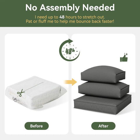 Thick Outdoor Patio Cushions Set Of 4 For All Weather Furniture shown before and after 48-hour expansion period