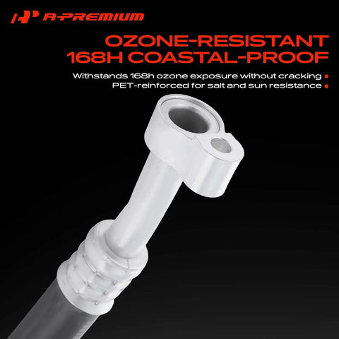 Top Tier AC Suction And Discharge Line Hose Assembly For Chevy Traverse GMC Acadia Buick Enclave, showing ozone-resistant material and connector.