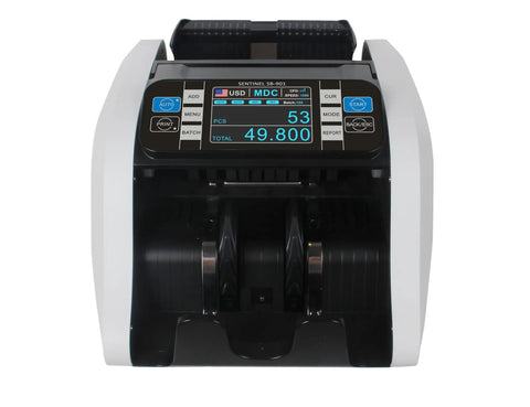 Front view of SB901 Mixed Denomination Money Counter With IR Mapping Tech Bank Grade Bill Counter For Unsorted Cash Counts Value Fast