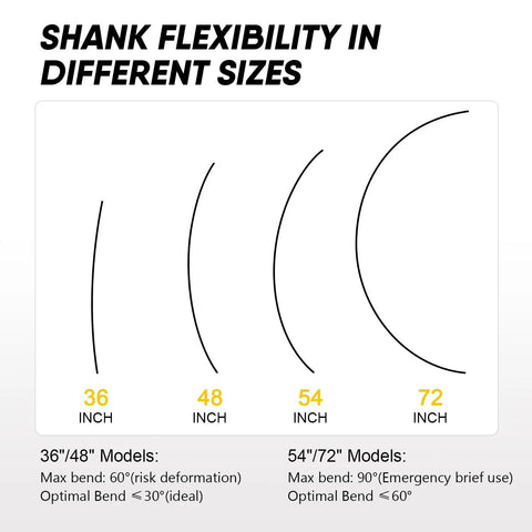Diagram showing flexible installer drill bit shanks in 36-inch, 48-inch, 54-inch, and 72-inch sizes with bend curves.
