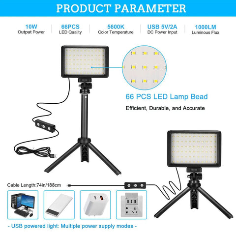 Two Pack USB LED Video Lights 5600K Dimmable With Mini Tripods And Color Filters showcasing product features and power options.