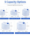 Five sizes of Grab And Go Collapsible Water Container With Spigot For Travel And Camping shown with dimensions and packaging options