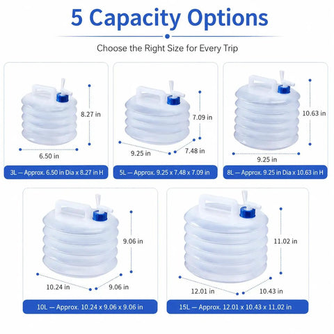 Five sizes of Grab And Go Collapsible Water Container With Spigot For Travel And Camping shown with dimensions and packaging options